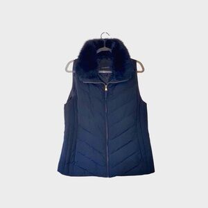 Talbots Down Dark Blue Vest with Faux Fur Trim Size L